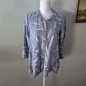 John Mark Women's Small Dashed Pattern 100% Linen Chambray Top Blue White